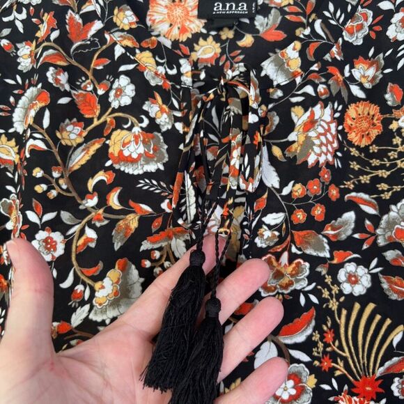 ANA Bold Black Maximal Floral Tie Neck Long Sleeve Peasant Boho Blouse Size PL - Picture 9 of 11